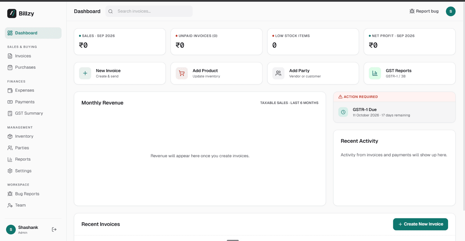 Billzy dashboard